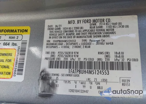 2021 Ford Mustang Ecoboost Premium из США, поврежденный, VIN 1FATP8UH4M5124553